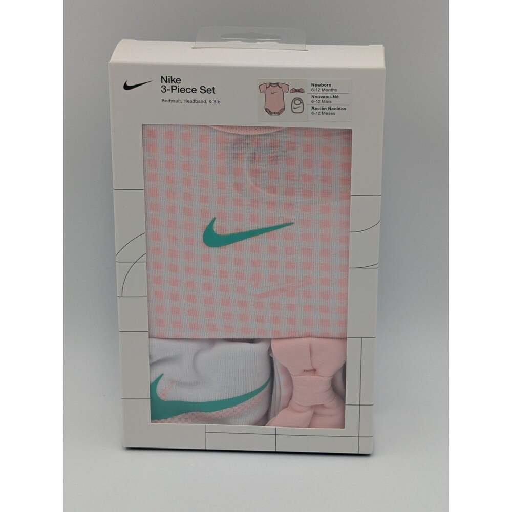 Nike Newborn 6-12 Months 3 Piece Bodysuit/Headband/Bib Pink Boxed Baby Gift Set